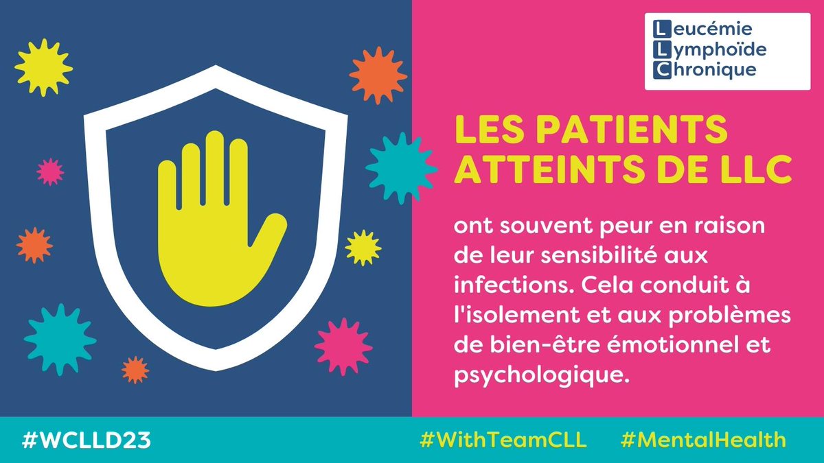 AssoELLyE's tweet photo. 📆 J-2 Journée Mondiale de la #LeucémieLymphoïdeChronique #JMLLC #WCLLD, nous mettons la💡sur la #santémentale des patients, qui s'isolent pour éviter les infections. Ils ont besoin de soutien & d'ℹ️ pour y faire face 🔗https://t.co/OE9A5iHfjO 🔗https://t.co/sZArZky5Mb @wclld https://t.co/MmCLPuHORp