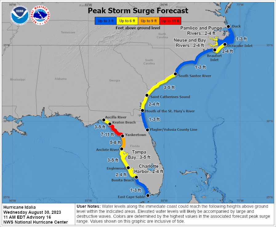 8/30 11am EDT: Significant impacts from storm surge will continue along the Florida Gulf coast within the Storm Surge Warning through this evening. Dangerous storm surge is also expected along the southeastern U.S. coast within the Storm Surge Warning area tonight & Thursday.