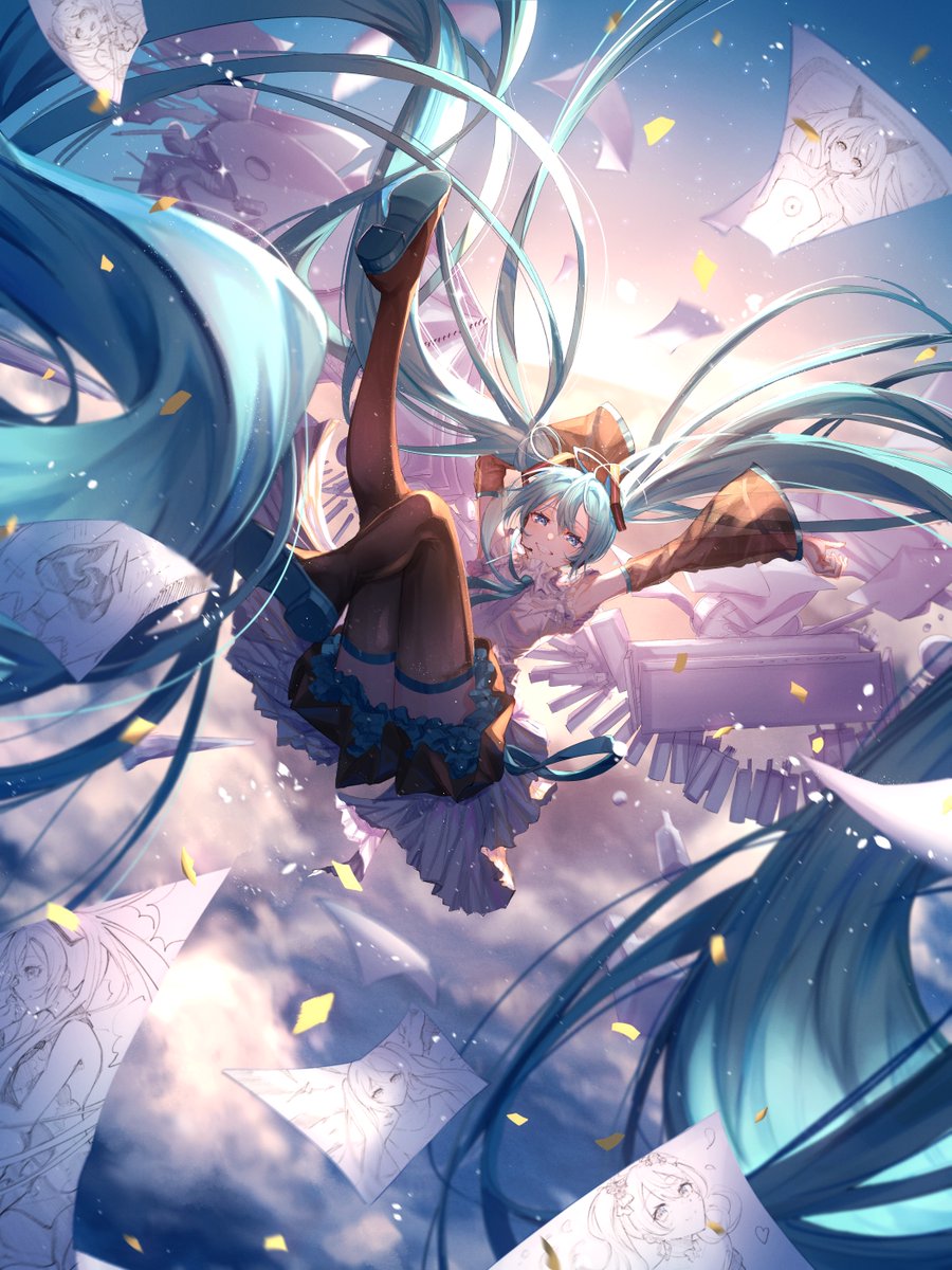 hatsune miku twintails skirt long hair thighhighs 1girl detached sleeves very long hair  illustration images