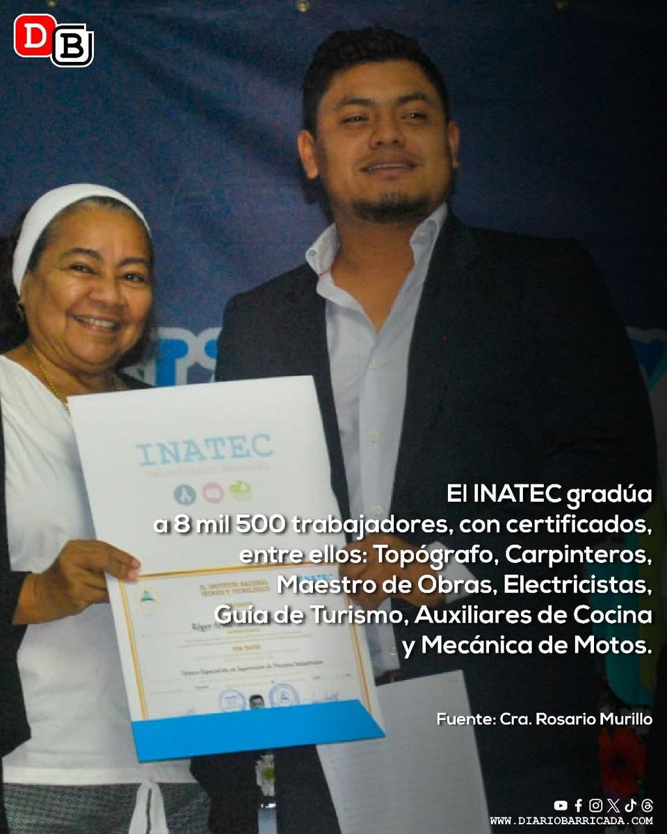 iNATEC gradúa a 8 mil 500 trabajadores con certificados, entre ellos: Carpinteros, Maestros de Obras, Topografos, electricistas, Guía de Turismo, Auxiliares de Cocina y Mecánica de Motos #FSLNHeroismoVictorioso #Nicaragua