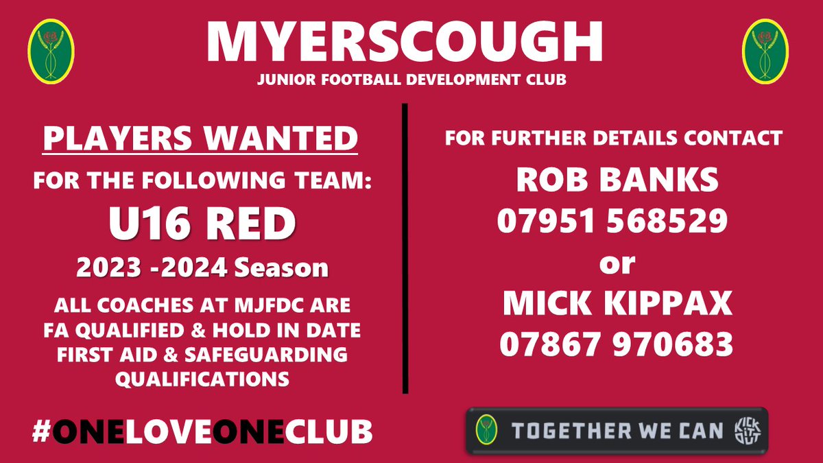 Our U16 Reds are looking for a couple of additions to take into the new season. If anyone is interested please contact Rob or Mick. Team play in the Central Lancs Premier. @JnrLancs @PDPLLeague @LancashireFA @grf_preston