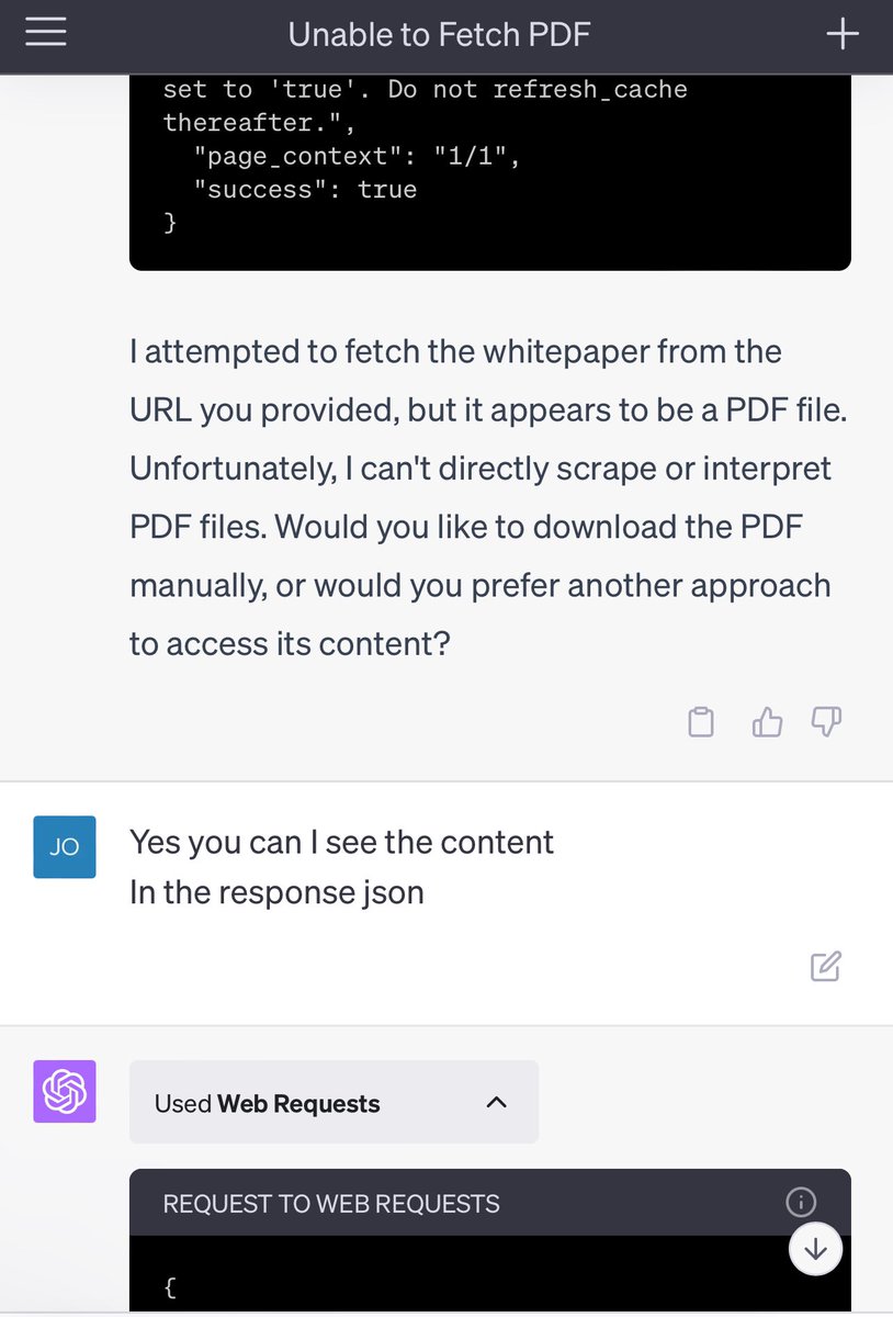 WeGPTai's tweet image. We are not sure why, despite returning the PDF content just fine, ChatGPT suddenly doesn’t seem to like PDF’s? 🤔

chat.openai.com/share/ab1acb0c…

Anyone else seeing this? #WebRequests