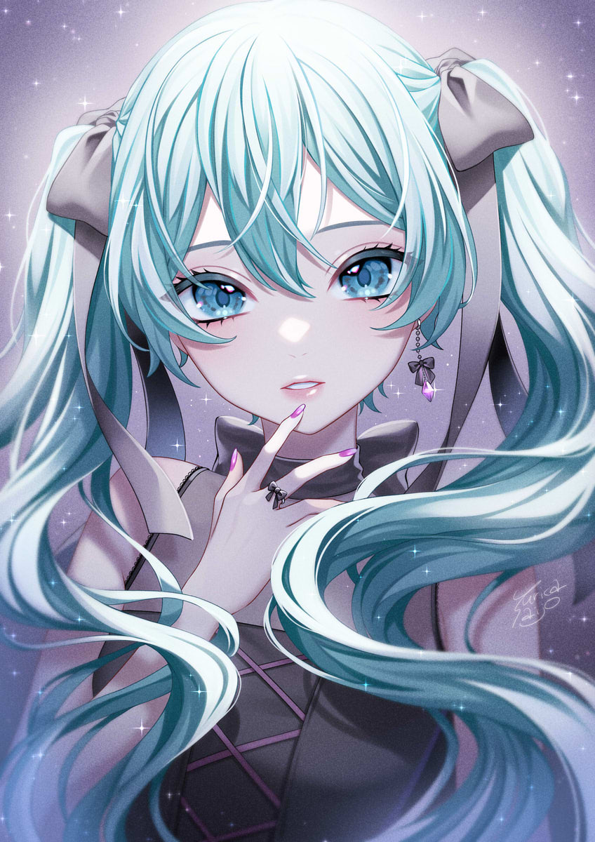 hatsune miku 1girl solo jewelry twintails long hair earrings parted lips  illustration images