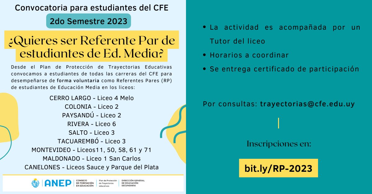 📌Atención estudiantes de <a href="/cfe_anep/">CFE - ANEP</a>: convocatoria para desempeñarse de forma voluntaria como Referentes Pares de estudiantes de Ed. Secundaria <a href="/dges_Uruguay/">Educación Secundaria</a> en centros seleccionados, acompañados por un Tutor. 

➡️Info e inscripciones en: trayectorias.cfe.edu.uy/index.php/acti…

#culturaCFE