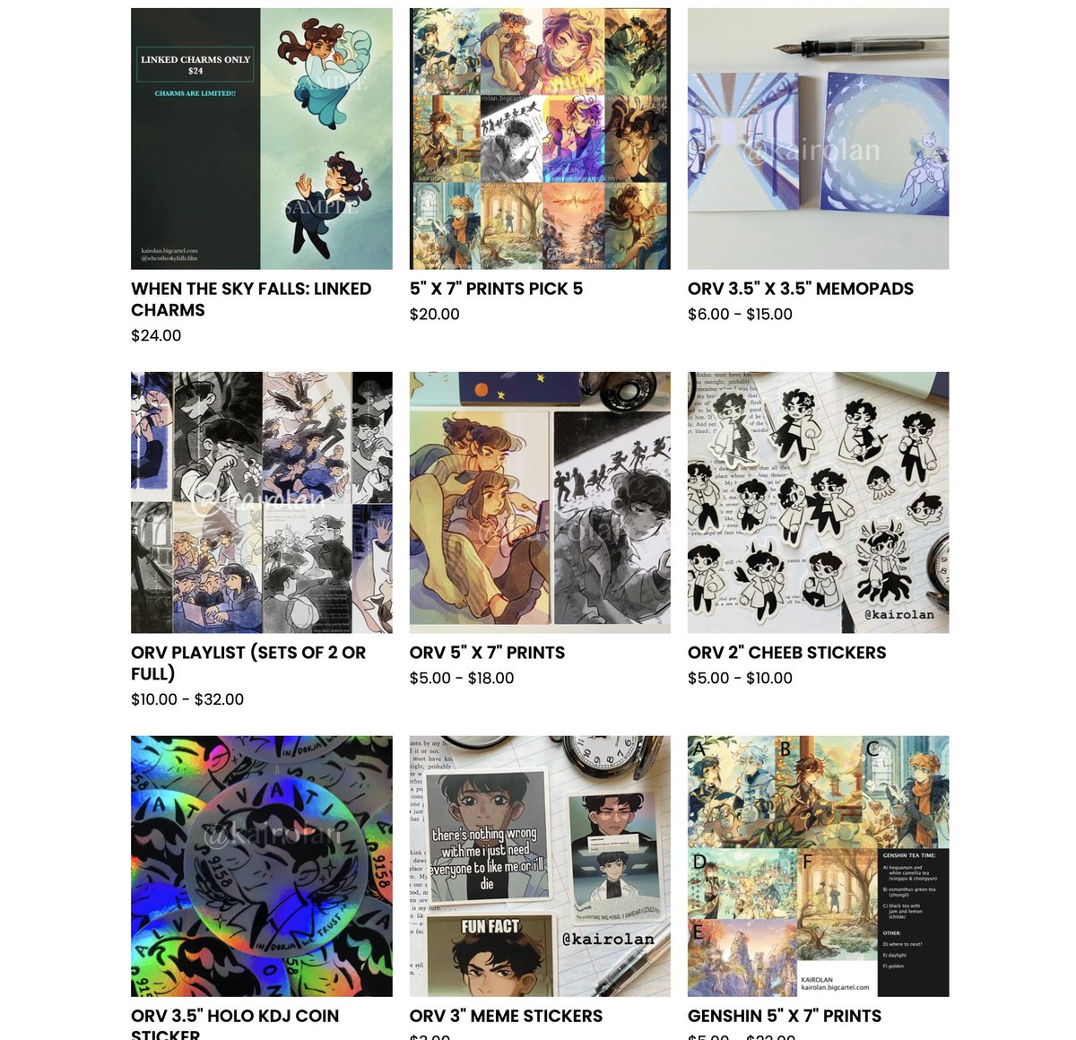 [RT 💕]
HELLO MY SHOP IS OPEN!!
along with preorders for my art book + merch for my animated thesis short, WHEN THE SKY FALLS

no new ORV merch this time around, but previous products are still in stock!

please check it out!
kairolan.bigcartel.com