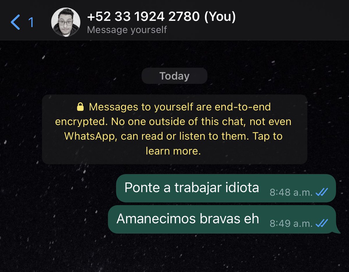 mg_tavo's tweet photo. Chatear contigo mismo por whatsapp es lo mejor que se les pudo haber ocurrido https://t.co/dLegYvsOBm