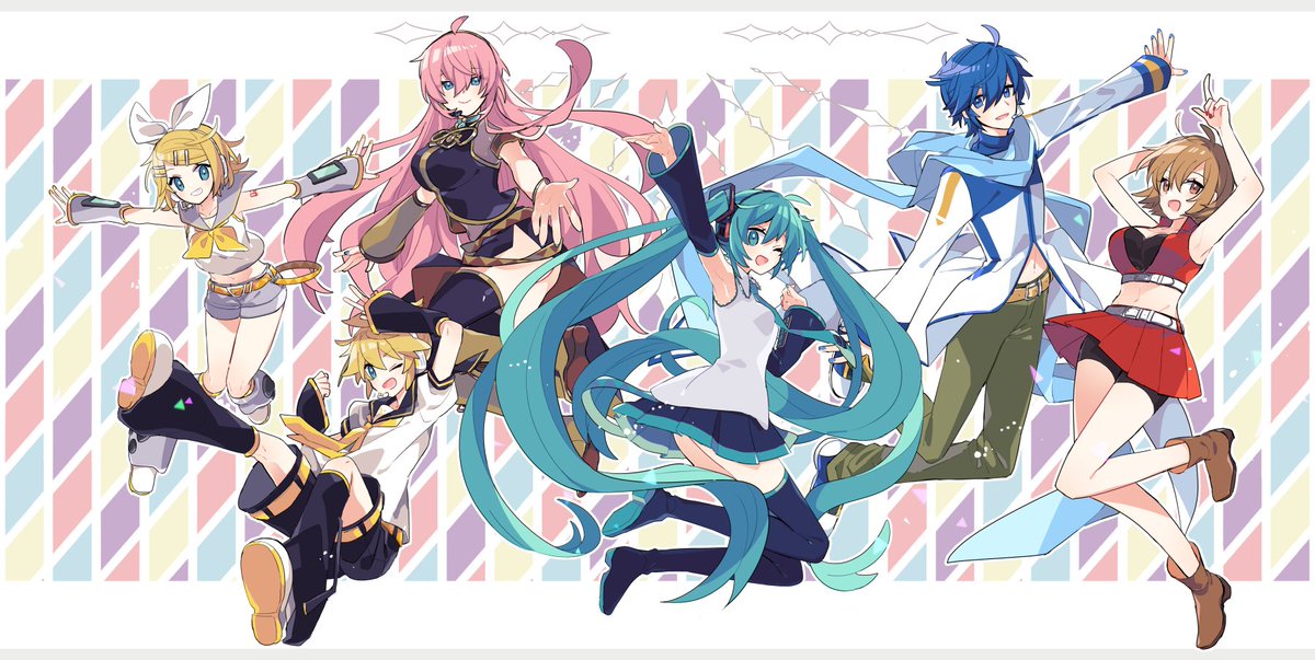 初音ミク ,鏡音レン ,鏡音リン ,カイト(ボーカロイド) ,巡音ルカ ,メイコ(VOCALOID) 「今年のお誕生日絵まとめ。初心に戻ってデフォ服でジャンプ! こちらのイラストもネッ」|由杞のイラスト
