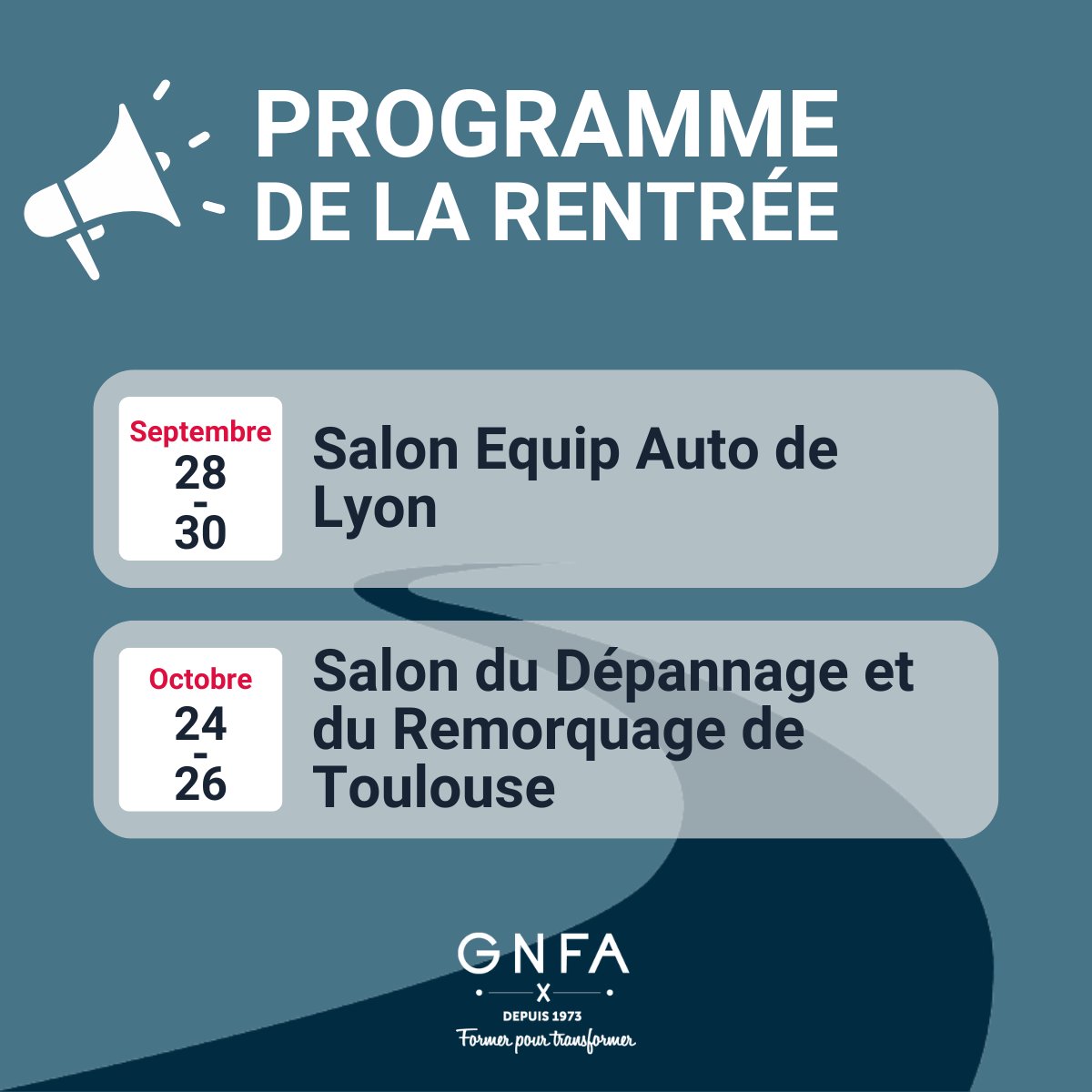 [#ACTUALITE] Soucieux d’être toujours au plus près de ses clients afin de vous rencontrer et d’échanger, le GNFA sera présent au Salon Equip Auto de Lyon, et au Salon du dépannage et du remorquage.

#formation #automobile #alternance #formerpourtransformer