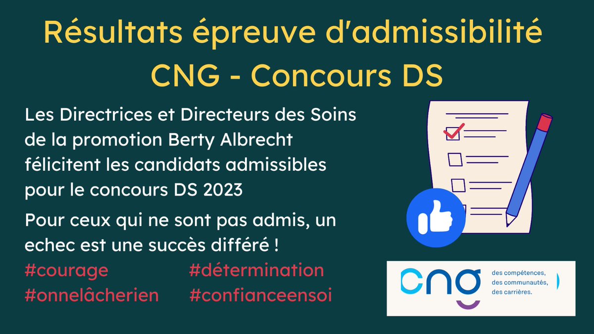 [ 🏆 Concours DS - CNG 🏆]
Un grand bravo aux candidats qui ont été reçus ce jour aux épreuves d'admissibilité du concours national de DS   !
🧭 A présent, cap sur la préparation des épreuves orales !
Pour les candidats qui ont échoué, soyez confiants et ne lâchez rien ! 💪