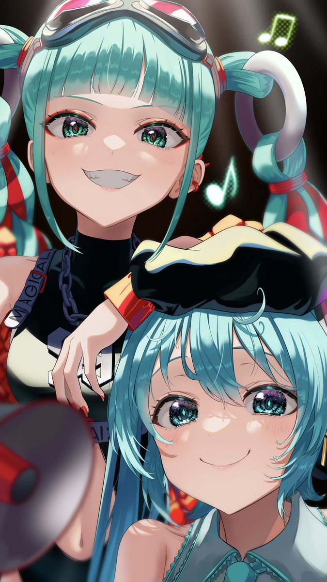 hatsune miku 2girls multiple girls smile twintails goggles aqua hair shirt  illustration images