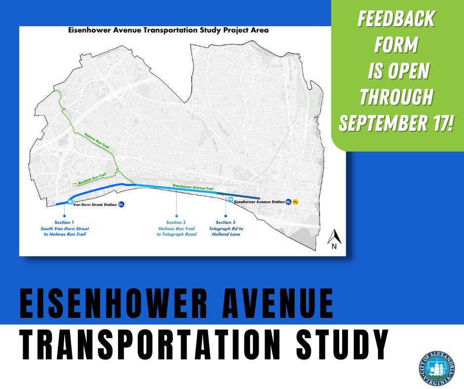 AlexandriaVATES's tweet photo. What is your experience on Eisenhower Avenue? The City is accepting public comments on transportation issues and needs on Eisenhower Avenue through September 17. For information on this project, and to complete the feedback form, visit https://t.co/haVjezpNfJ https://t.co/rVZFBT74Ig