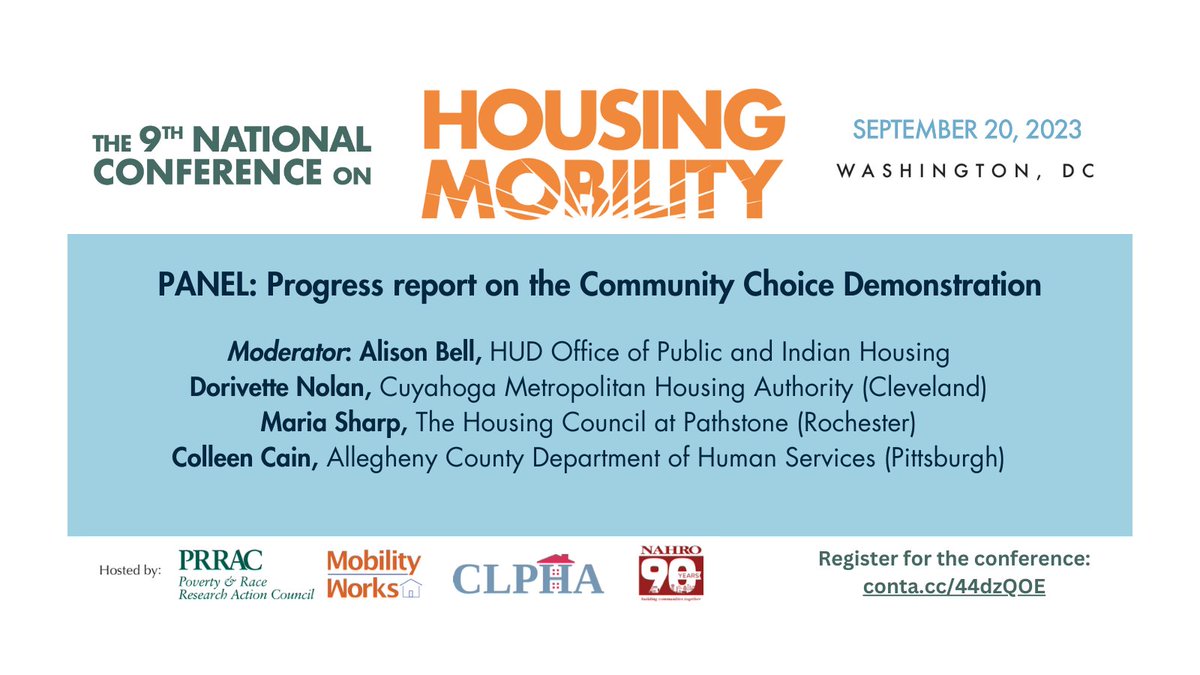 Guided by Alison Bell from @HUDgov Dorivette Nolan, Maria Sharp, & Colleen Cain are set to provide a progress report on the Community Choice Demonstration program, active in 8 cities across the country. See how it's going & register for the conference! conta.cc/44dzQOE