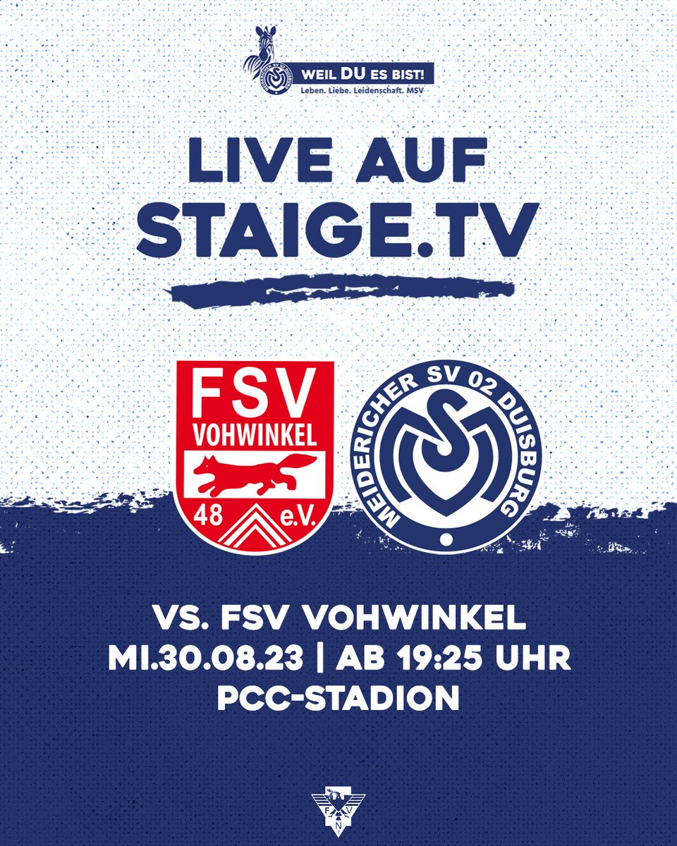 MSVDuisburg's tweet photo. Wer die Pokalpartie unserer #Meidericher Jungs gegen den FSV Vohwinkel aus der Ferne betrachten möchte: https://t.co/tGSWztS4KF bietet einen kostenpflichten Livestream an. ⤵️

📺 https://t.co/IEW4bTUPDV

#WeilDUesBist #Duisburg #FSVMSV https://t.co/lHQdiMZeKT