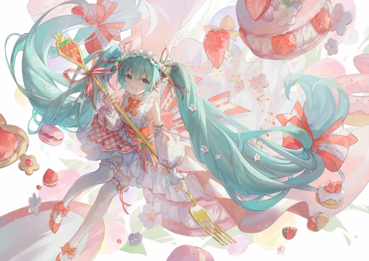 hatsune miku 1girl food solo strawberry long hair twintails fruit  illustration images