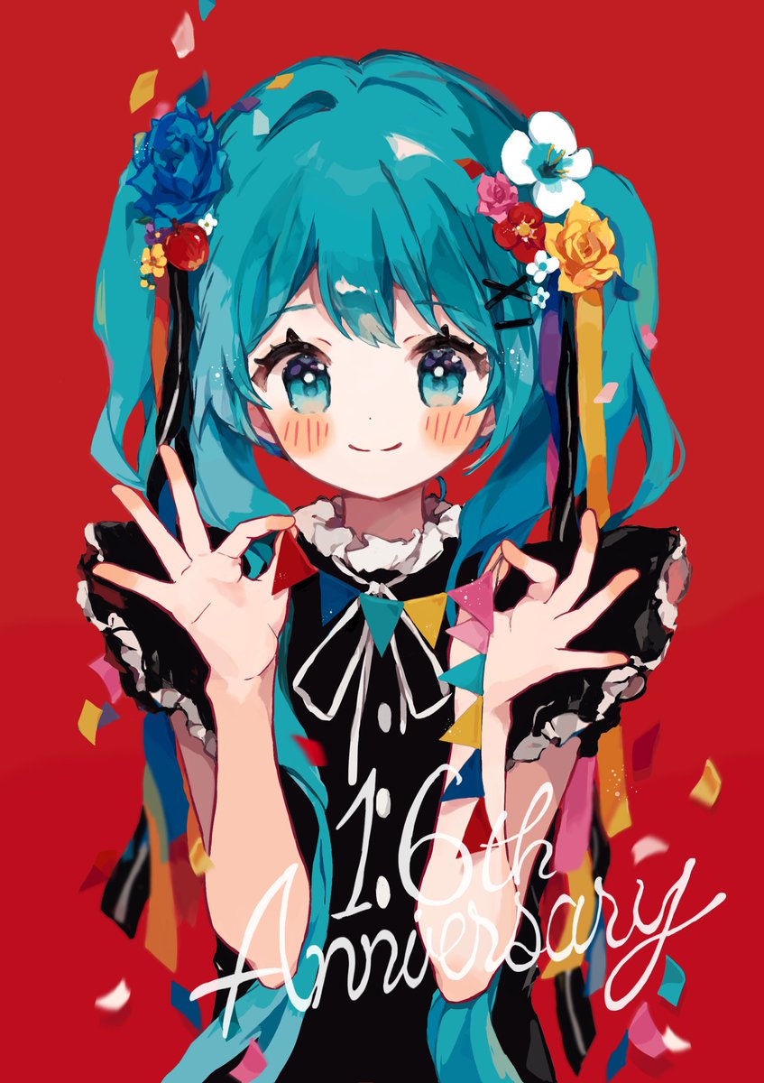 hatsune miku 1girl solo hair ornament flower smile twintails hair flower  illustration images