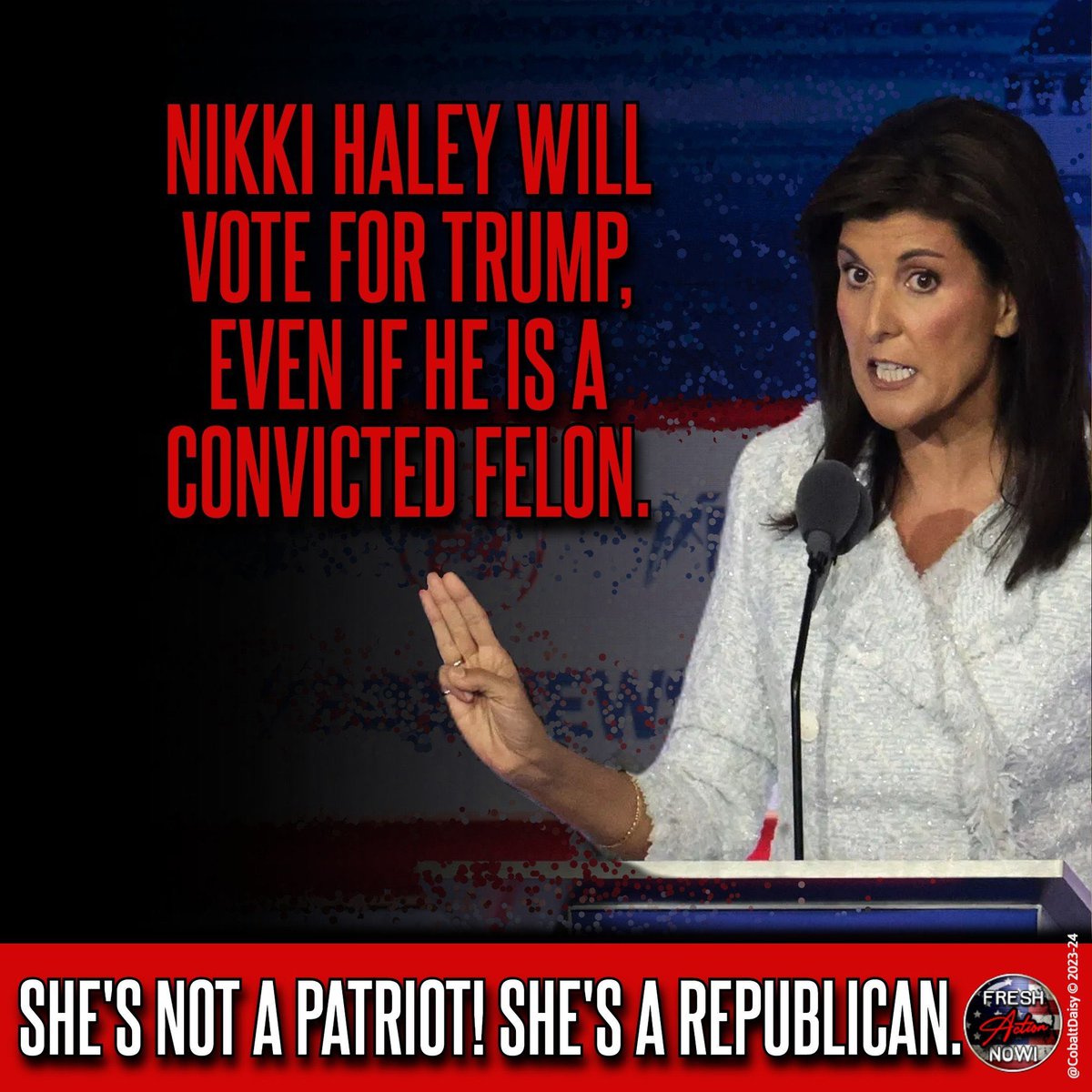 LqLana's tweet photo. Nikki Haley said she wants to lead us into the future, I guess that’s by voting for a convicted felon. 

I want no part of that future. Do you? #FreshVotesBlue https://t.co/8M3THcvmnU