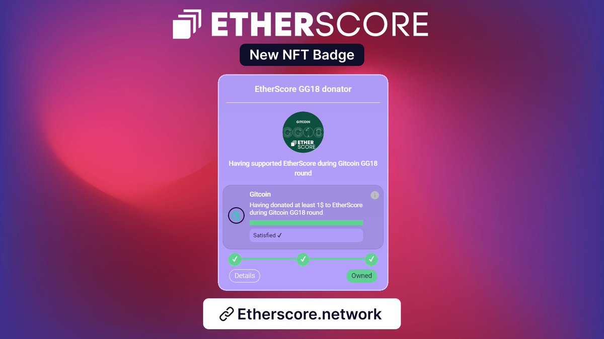 📢 New EtherScore badge as a reward for our most dedicated users: 🎖️ EtherScore GG18 donator: eligible for users having donated at least 1$ to EtherScore during @Gitcoin #GG18 round 💚 Once again, many thanks to all our supporters and public goods believers 🙌 🔗 Links: Claim…