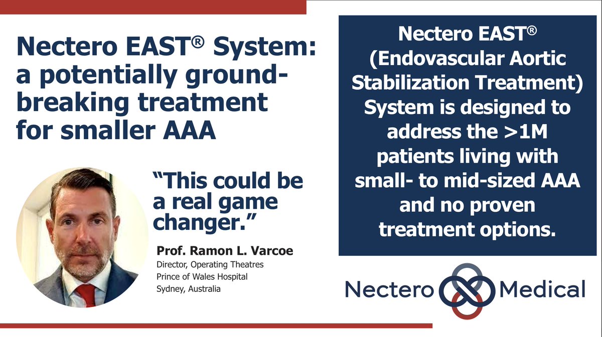 MedtechMatters's tweet photo. MUST SEE! Roundtable physician discussion re Nectero EAST® System as potential game-changer for treatment of small- to mid-sized aortic abdominal aneurysms https://t.co/LZuPP4JkC4 #AbdominalAorticAneurysm #BioPharma #Endovascular #VascularHealth #AAAAwareness #ComboDevice #Drug https://t.co/iIe8F9VgHa