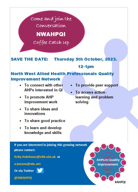 🚨SAVE THE DATE!🚨

🌟Thursday 5th October, 12-1pm🌟 

We’re super excited to announce the very first #NWAHPQI lunchtime network meeting.

Based in the North West?Interested in QI?Want to learn more about this network?

DM us to receive the MS Teams invite.
All welcome🤗 #AHPQI
