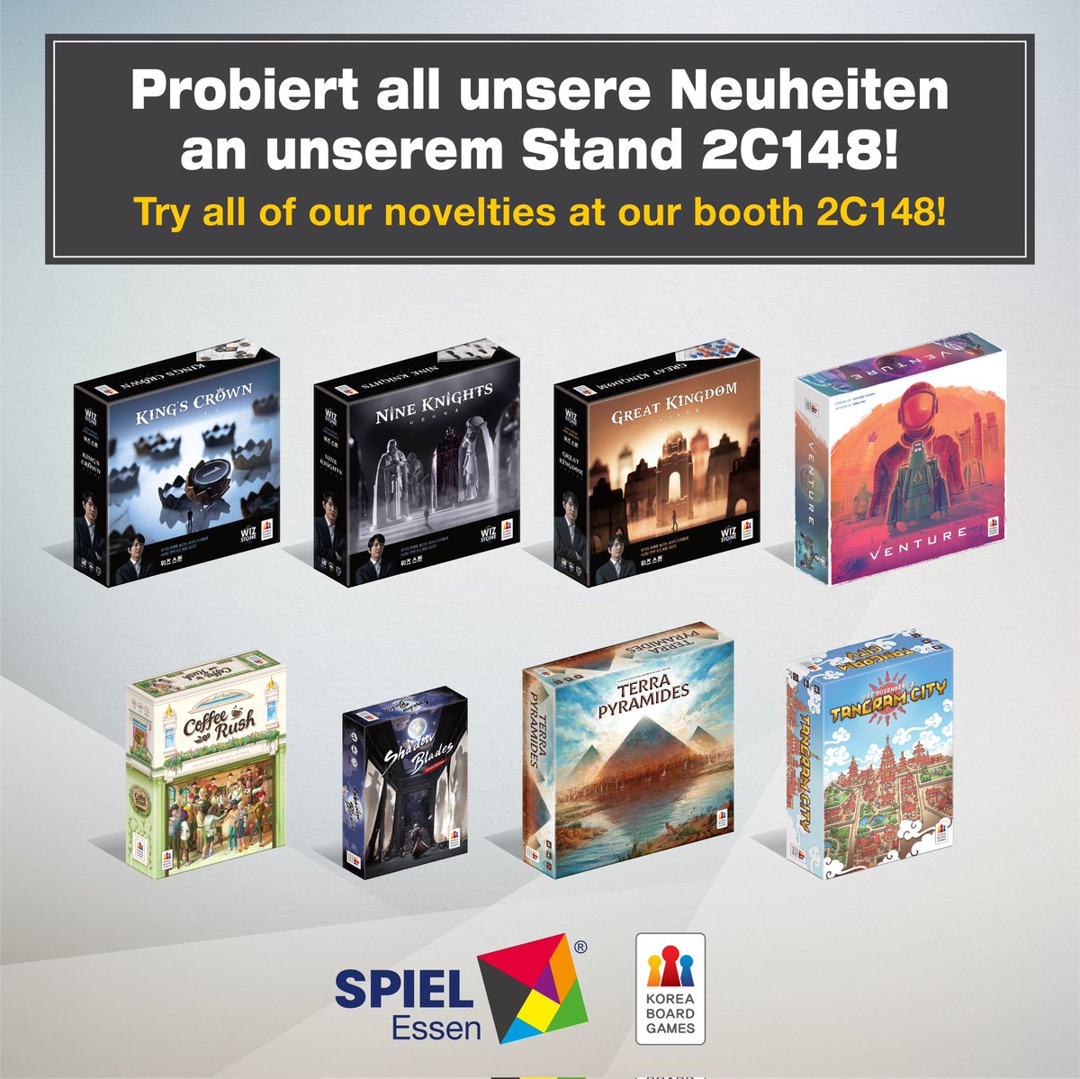KoreaBoardgames's tweet photo. Our @SPIEL_Messe #spiel2023 lineup is here! Strategic titles like #Venture, #TerraPyramides and #Wizstone, puzzles like #TangramCity, fast-paced Barista-ing in #CoffeeRush and bounty hunting in #ShadowBlades. No matter what you like, we got you. Come on over during October! https://t.co/cN16xiM3sG