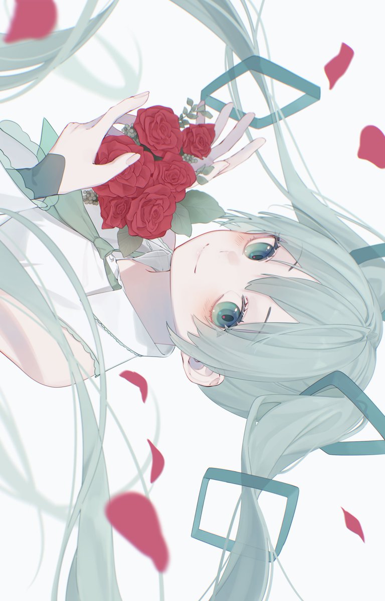 hatsune miku 1girl solo flower twintails petals long hair rose  illustration images