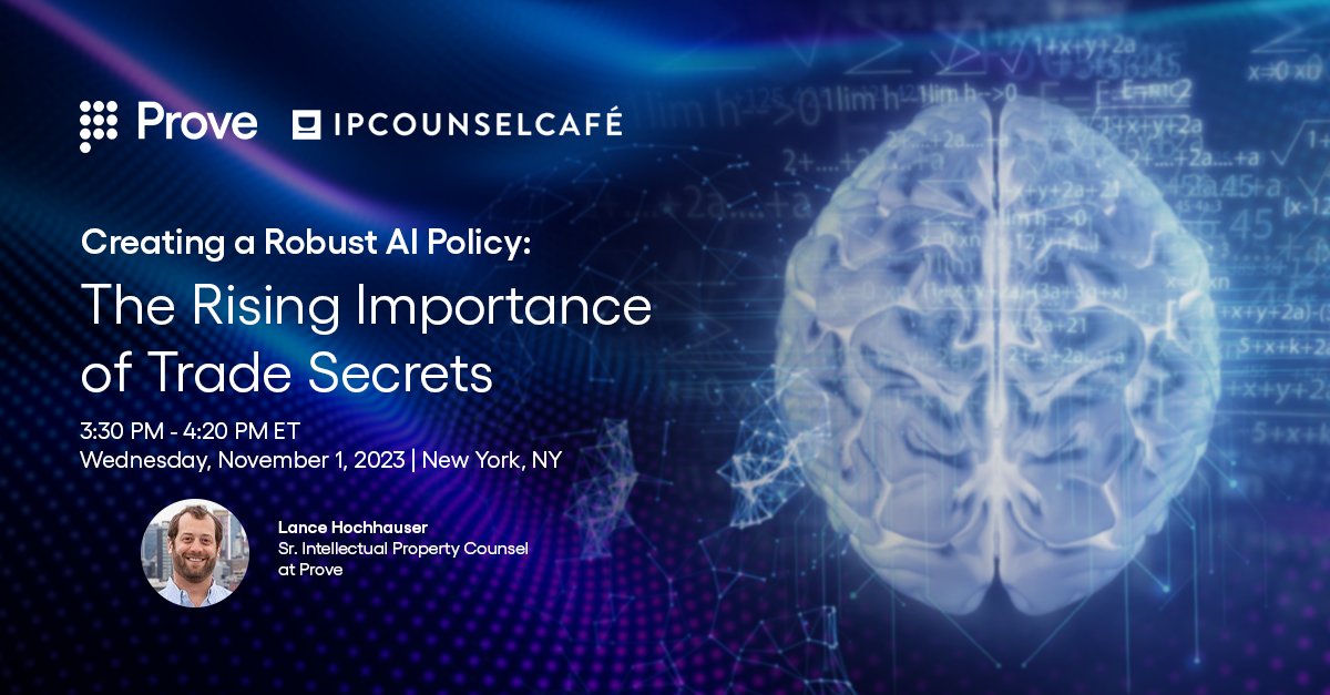 ProveIdentity's tweet photo. π’ Join @ProveIdentity''s Lance Hochhauser alongside experts from @Verizon, @Kyndryl, and #Desmarais at @IPCounselCafe in NYC this November 2023 as they discuss the rising importance of trade secrets: https://t.co/vEiap5Qk97
#IPCounselCafe #IPPanel #IP #AI https://t.co/PGmZlin5lK