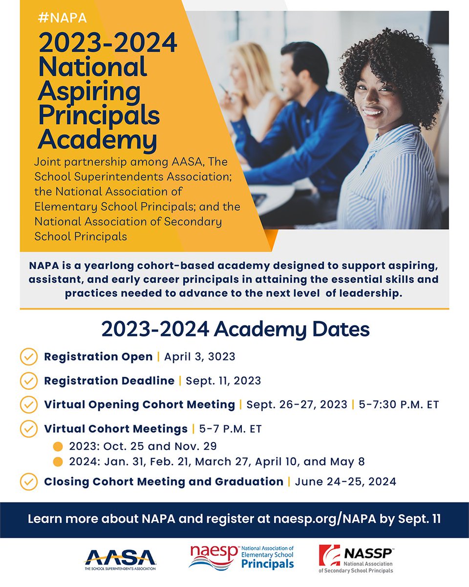 Educators! We are looking for:
🧑‍🏫aspiring principals
🧑‍🏫assistant principals
🧑‍🏫early-career principals!

We partnered with <a href="/NAESP/">National Assoc. of Elementary School Principals</a> &amp; <a href="/AASAHQ/">AASA</a> to offer NAPA, a yearlong cohort. 

Register by Sept. 11 to shape your leadership future.👇

bit.ly/3Ph2LwV