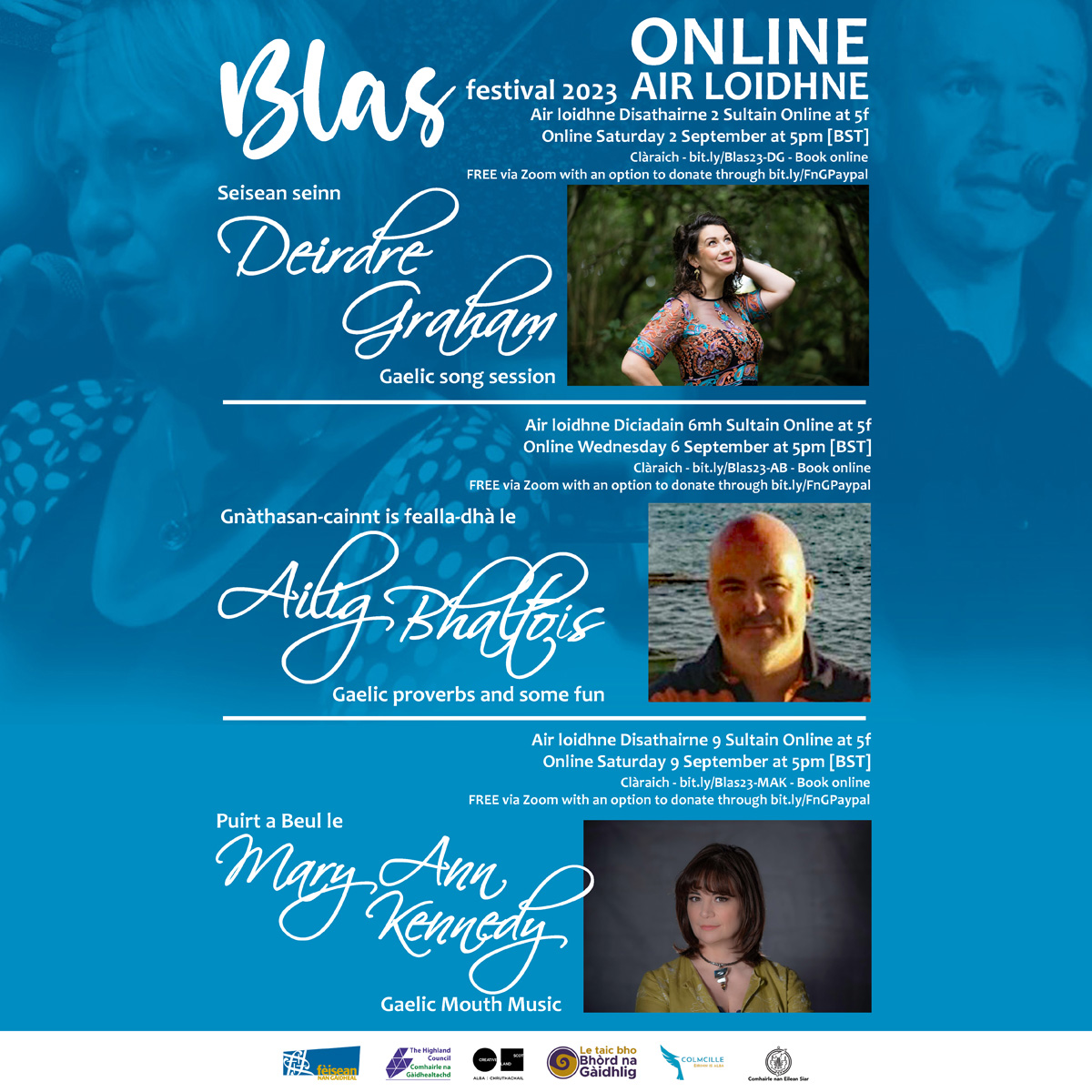 blasfestival's tweet photo. Seiseanean AN-ASGAIDH.
FREE Blas 23 online events

01.09: Gaelic song session with @deirdregmusic https://t.co/KWxNNzaFsS

06.09: Gaelic proverbs - gnàthasan-cainnt - with Ailig Bhaltois 
https://t.co/ZJ7RU1cfIJ

09.09: Puirt a beul with @NicUalraig 
https://t.co/1djUYfBDY3 https://t.co/m2wKhFWFPA