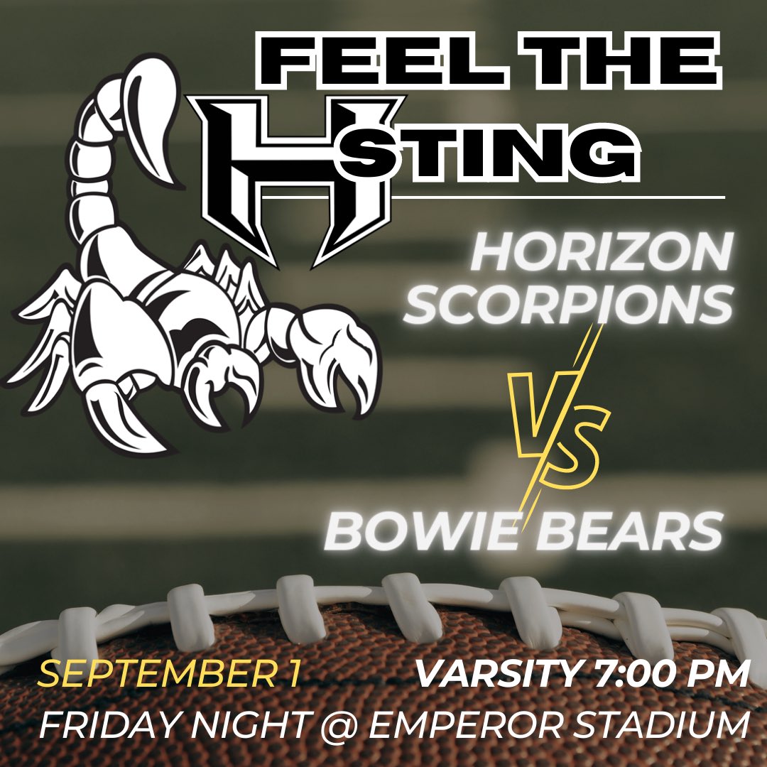 Varsity Scorpions play Friday!!!

#horizonscorpions #scorpionfootball #varsityfootball #clintfootball #elpasofootball #scorpionstrong #feelthesting🦂