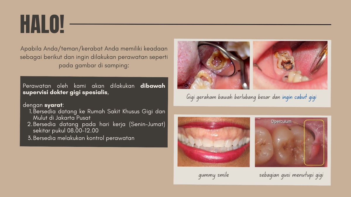 Halo! apabila kalian memiliki keluhan seperti di gambar:
- gigi berlubang besar dan ingin dicabut
- gummy smile
- sebagian gusi menutupi gigi 
serta bersedia untuk datang ke RSKGM, boleh DM ya!

#koasgigi