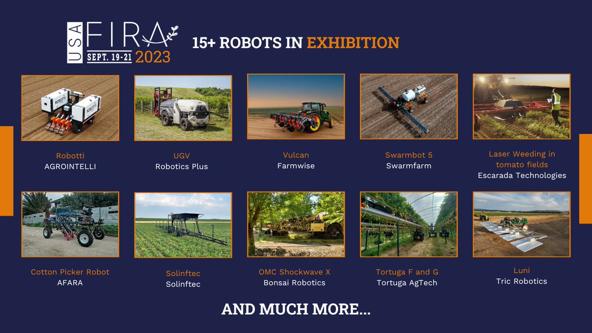 🇺🇸 #FIRAUSA23 🤖
We will be showcasing 15+ robots at FIRA USA 2023! 
 
Here is a sneak peek at some of them before you come👀

To see them all, register now and book your place for FIRA USA 2023! 
➡️ fira-usa.com/robot-demos/ 

#robot #agtech