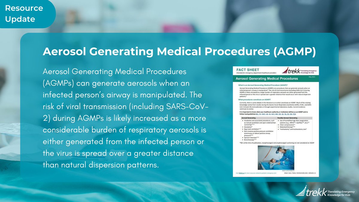 TREKKca's tweet photo. Have you checked out our updated Aerosol Generating Medical Procedures (AGMPs) resource? In this resource, you can learn more about what an AGMP is and how to reduce the risk of viral transmission during one: https://t.co/ZNIJ1guPOp

#AGMP #ResourceUpdate https://t.co/0XA8aDOTjT