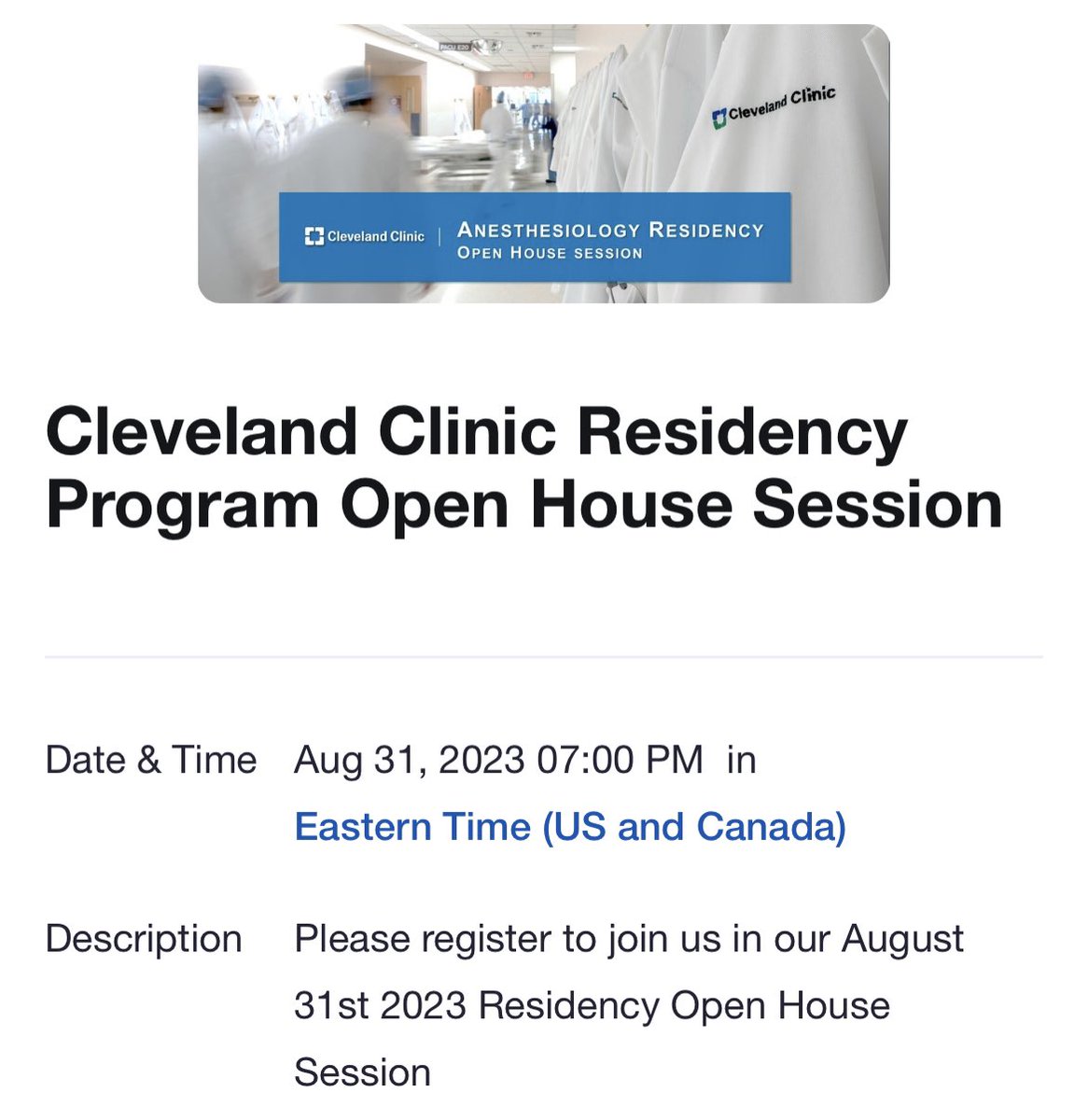 Join us tomorrow night for our first open house of the season to learn more about the Cleveland Clinic anesthesia residency program - hope to see you there! Wednesday, August 31st @ 7 pm #Match2024 @FutureAnesRes zoom.us/meeting/regist…