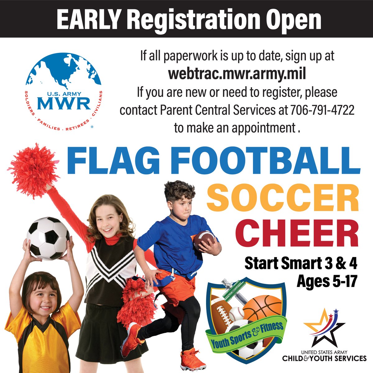 If you have a child interested in cheerleading, flag football or basketball, registration is open through Youth Sports & Fitness! Please contact Parent Central Services at 706-791-4722 for details.
#GordonMWR #CYSYouthSports #Cheerleading #Basketball #flagfootball