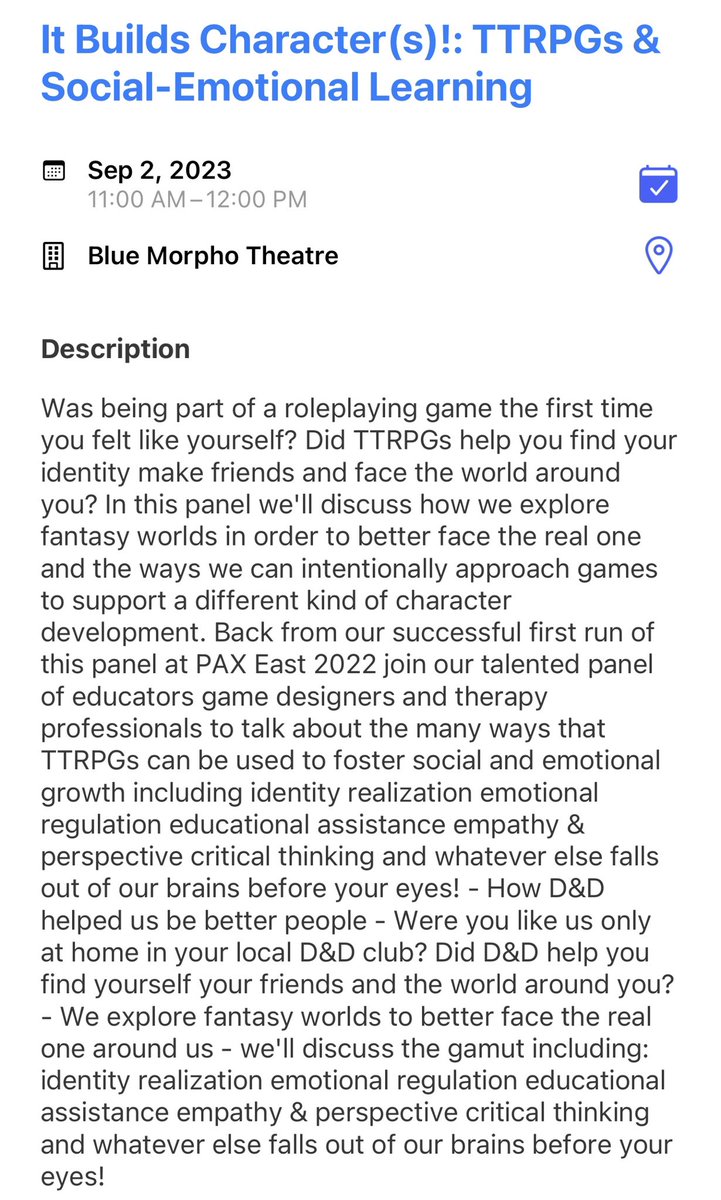 DrHaysPsyD's tweet photo. Wanna see me at #PAXWest? I’ll be doing two panels! Blue Morpho theater on Saturday at 11 am and Monday at 12:30 pm - It Builds Character(s): social emotional learning through TTRPGs and Good Grief! What games can teach us about loss, respectively 😉 https://t.co/pqwgKuHmcX