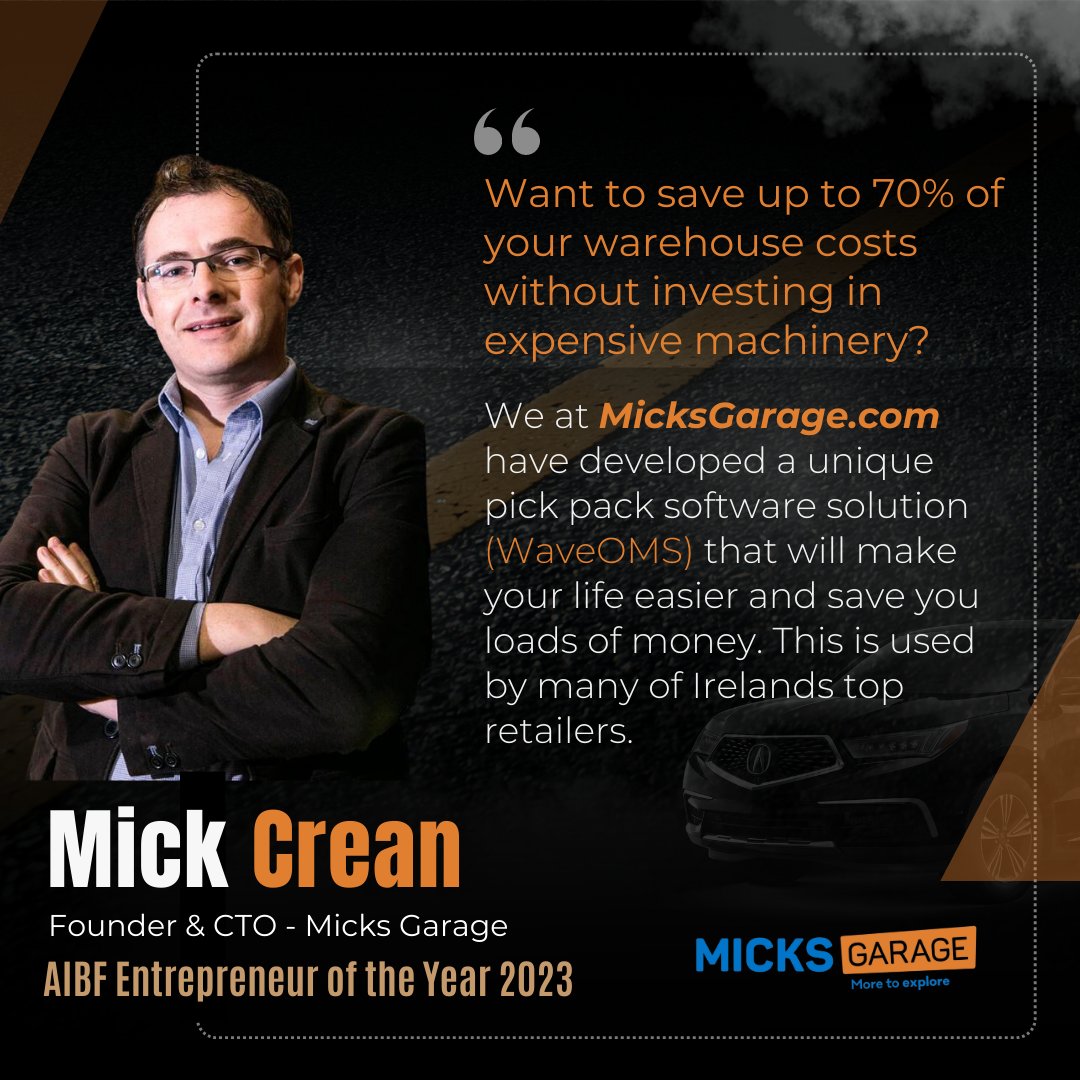 💭 Want to save up to 70% of your warehouse costs without investing in expensive machinery? Always Innovating and Constantly Striving - our 2023 Entrepreneur of the Year 🏆  Mick Crean of MicksGarage.com has a solution for you! #AIBF #Warehousesolutions