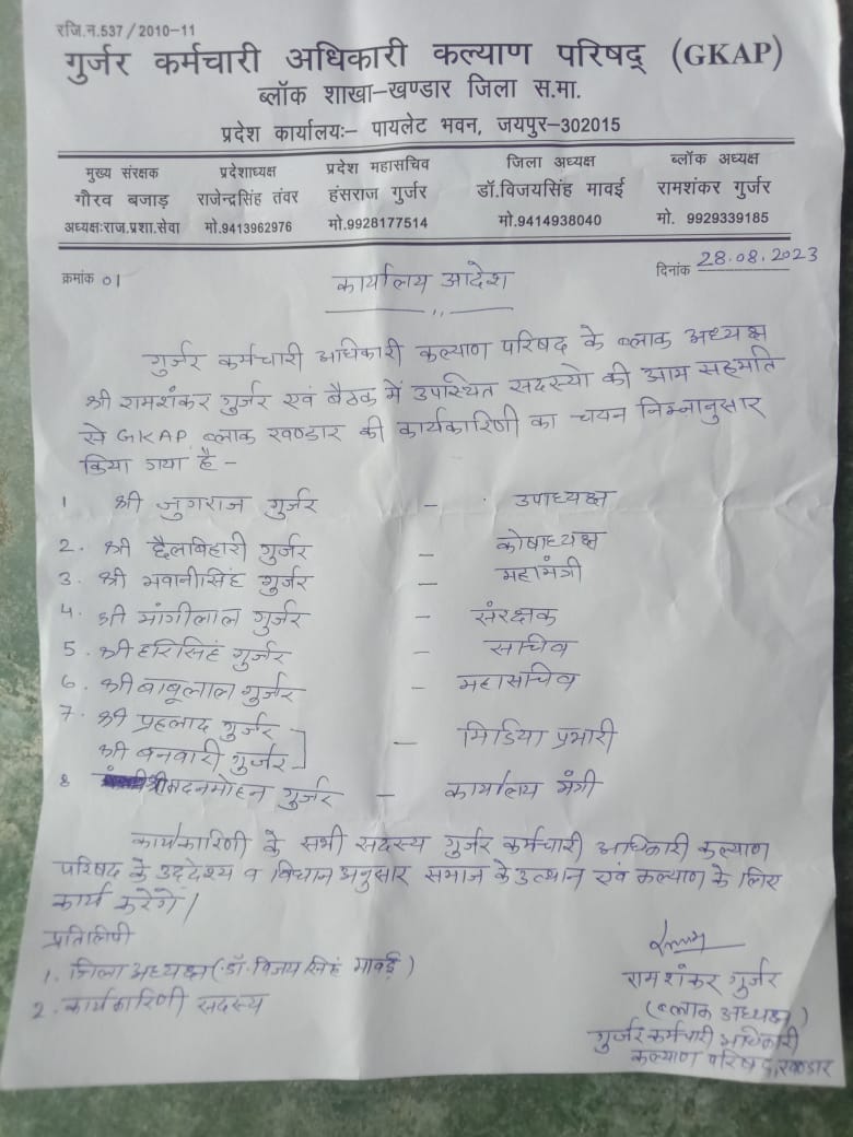 <a href="/GKAP_Rajasthan/">गुर्जर कर्मचारी अधिकारी कल्याण परिषद</a> जिला सवाईमाधोपुर ब्लॉक शाखा खंडार के अध्यक्ष रामशंकर के नेतृत्व में नवनिर्वाचित सभी पदाधिकारियों को GKAP परिवार की ओर से हार्दिक बधाई एवं शुभकामनाएं <a href="/INCAshokBairwa/">Ashok Bairwa</a> <a href="/1stIndiaNews/">First India News</a> <a href="/DainikBhaskar/">Dainik Bhaskar</a> <a href="/rpbreakingnews/">Rajasthan Patrika</a> <a href="/Rajendr97662128/">Rajendra SINGH TANWAR</a> <a href="/hansrajgur171/">hansraj gurjar</a> <a href="/rameshwar2174/">Rameshwar</a>