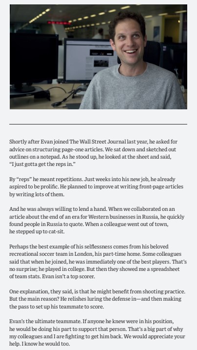 The Journal print edition is running weekly anecdotes about Evan Gershkovich, our friend and colleague who's been unjustly imprisoned in Russia for five months. Here's why I'm fighting to help free him. I hope you'll help too. #IStandwithEvan