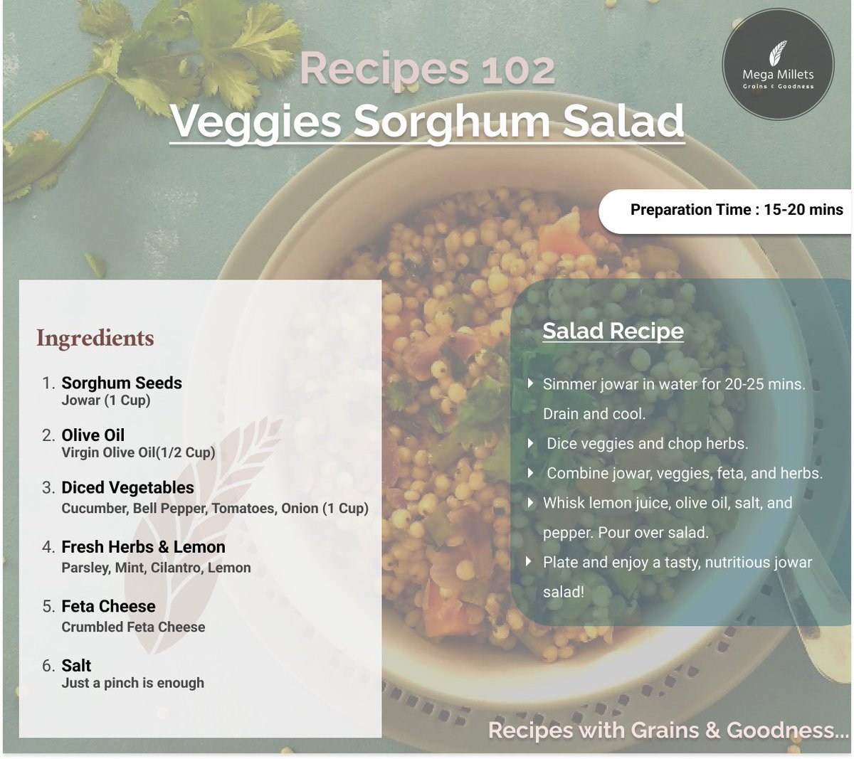 MegaMillets's tweet photo. Elevate your plate with our Nutrient-Packed Jowar Veggie Salad! 🥗 A wholesome blend of jowar 
grains🌽, vibrant veggies, and zesty dressing. Dive into natural goodness that's both satisfying and delicious.

#JowarVeggieSalad #WholesomeEats #FlavorfulDelights #MegaMillets https://t.co/kKnr1L83AA