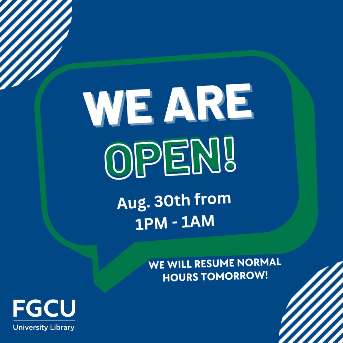 fgculibrary's tweet image. We rode out the storm, Eagles! The library will be open today from 1 pm to 1 am and we will resume regular hours tomorrow. See you soon! #fgculibrary #fgcu #open #hours #hoursofoperation