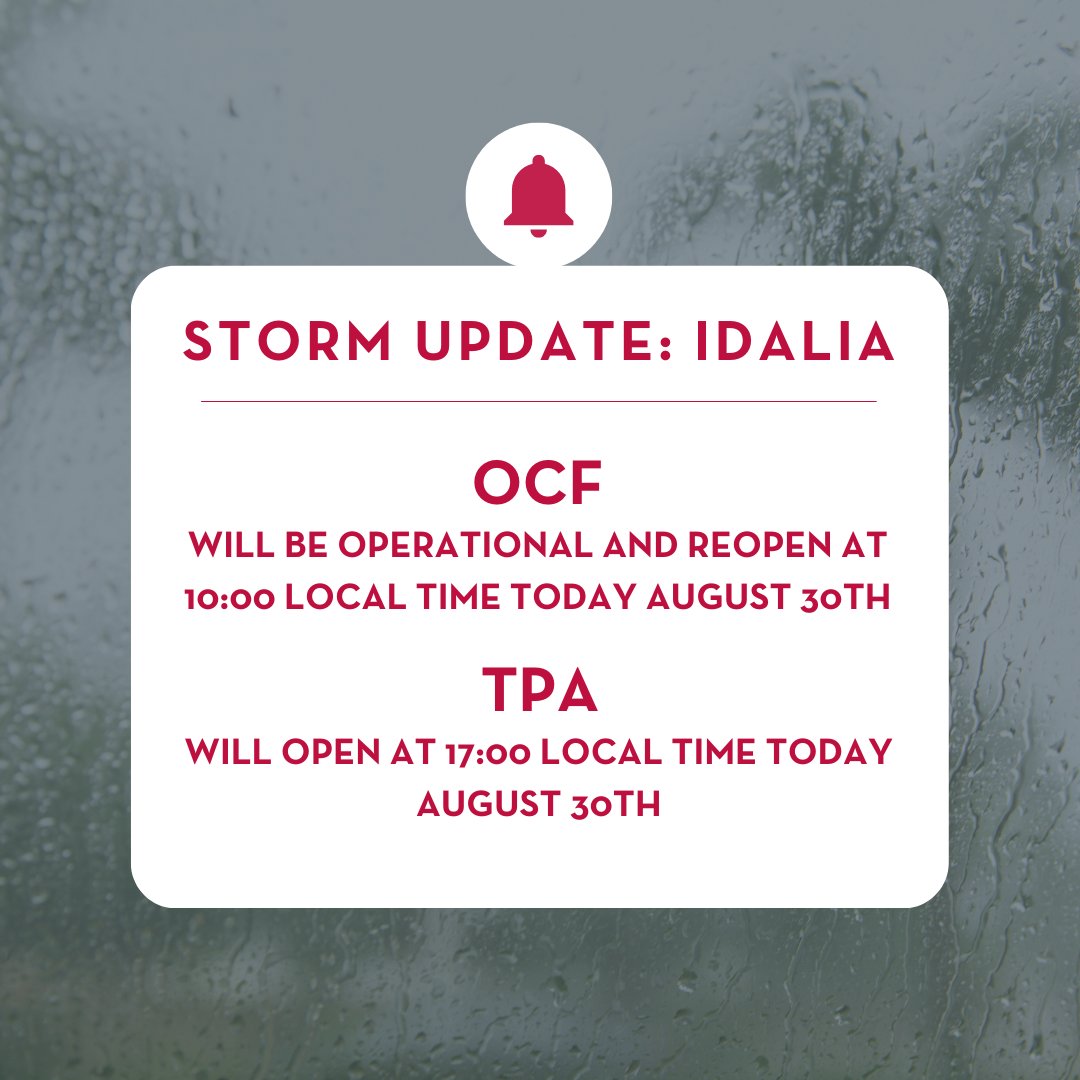 🚨 Important Notice 🚨 TPA will REOPEN at 17:00 local time today, August 30th OCF will be operational and REOPEN at 10:00 Local Time today, August 30th Stay safe everyone! More updates to come.