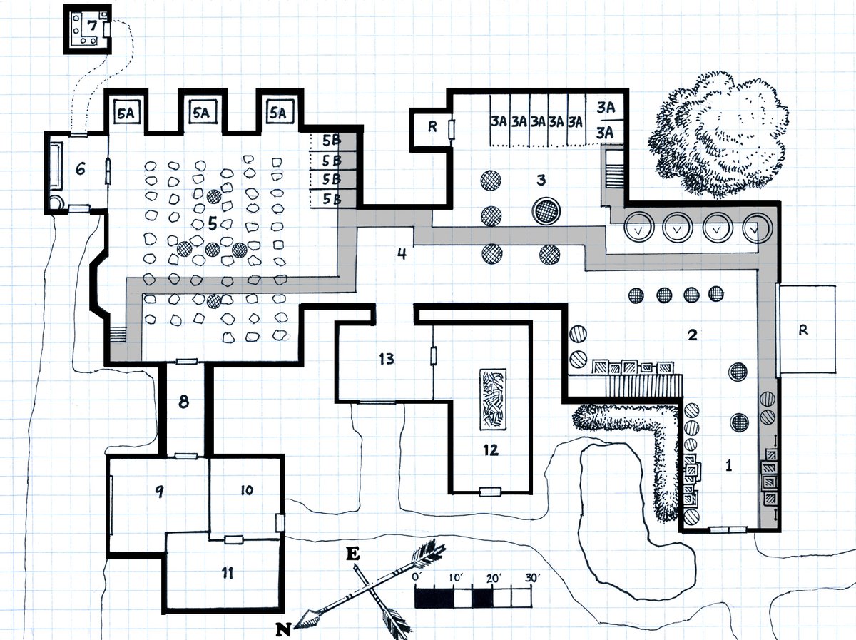 Loston_Wallace's tweet photo. #AdvancedDungeonsAndDragons #DandDMaps #RPGMaps
Sinister things are afoot at the Holy Cow Meat Emporium! This one was drawn quickly. The gray areas represent catwalks that overlook this slaughter house/meat storage facility. #7 is indeed an outhouse. R = loading ramp. https://t.co/IlWkbkyDoi