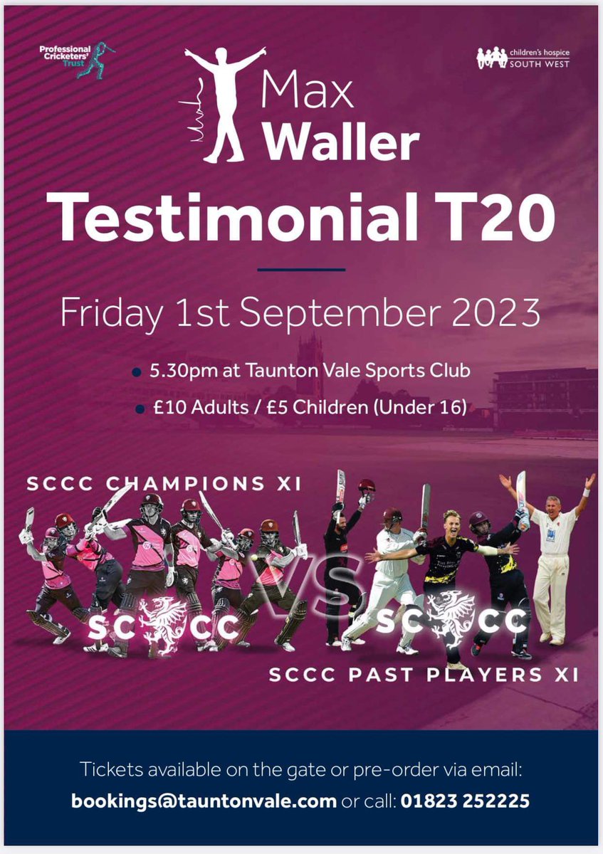 @SomersetCCC “Champions XI” vs “Past Players XI” 📌 Gipsy Lane, Taunton ⏰ 17:30 🎟️ £10/£5 🎫 via Bookings@tauntonvale.com or on the gate In aid off: @maxwtestimonial, @CricketersTrust & @HospiceWest Names including: Peter Trego, Johann Myburgh, Carl Gazzard and more.