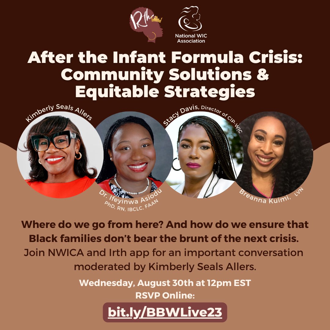 IrthApp's tweet photo. After the Infant Formula Crisis: Community Solutions &amp; Equitable Strategies 🍼

Join us TODAY, August 30th at 12pm est for this important conversation moderated by Kimberly Seals Allers🤎

RSVP here: https://t.co/XpfnEjxOf5

#BBW23 #WeOutside #IrthApp #NWICA #infantformulacrisis https://t.co/edG9T88Fxc