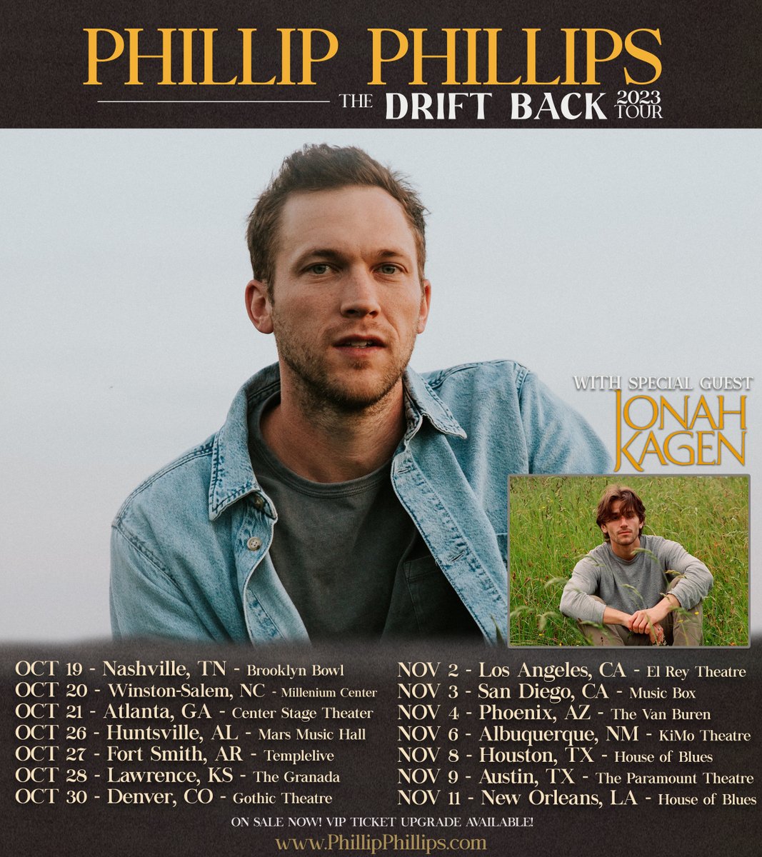 Just when you thought the Drift Back Tour couldn’t get any better…I’ve added in support from some amazingly talented artists who I’ve become fans of! Please welcome @JonahKagen, @abbyhollidayz & @betchaband to the lineup🌟 Grab tickets at phillipphillips.com/tour!