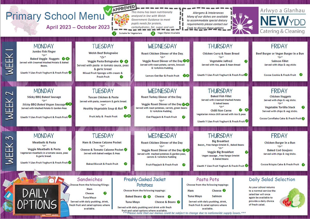Our Menu for September. We will be returning next week on Week 2 of the menu
Ein Bwydlen ar gyfer mis Medi Byddwn yn dychwelyd yr wythnos nesaf ar Wythnos 2 y fwydlen