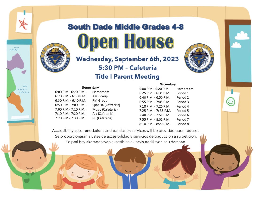 sdmpanthers's tweet photo. Attention Panther families! Our Open House will be next Wednesday, September 6th at 5:30 PM! 
Please see flyer for details, hope to see you all there. @MDCPS @MDCPSSouth @SuptDotres https://t.co/uyuRf8GC13