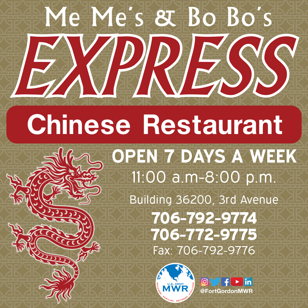Didn't bring lunch today? Don't worry, MeMe's & BoBo's Express have you covered. Stop by or call in. You can find their menu at gordon.armymwr.com/programs/me-me….

#GordonMWR #MWRPartner #lunch #ChineseFood
