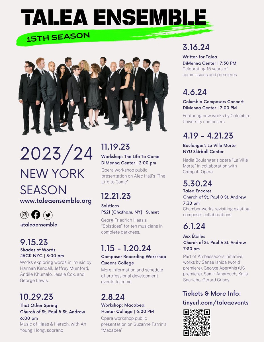 Celebrating 15 years!! Save the dates 🥳 We hope to see you throughout the 2023/24 season. taleaensemble.org/concerts 
Tickets: tinyurl.com/taleaevents