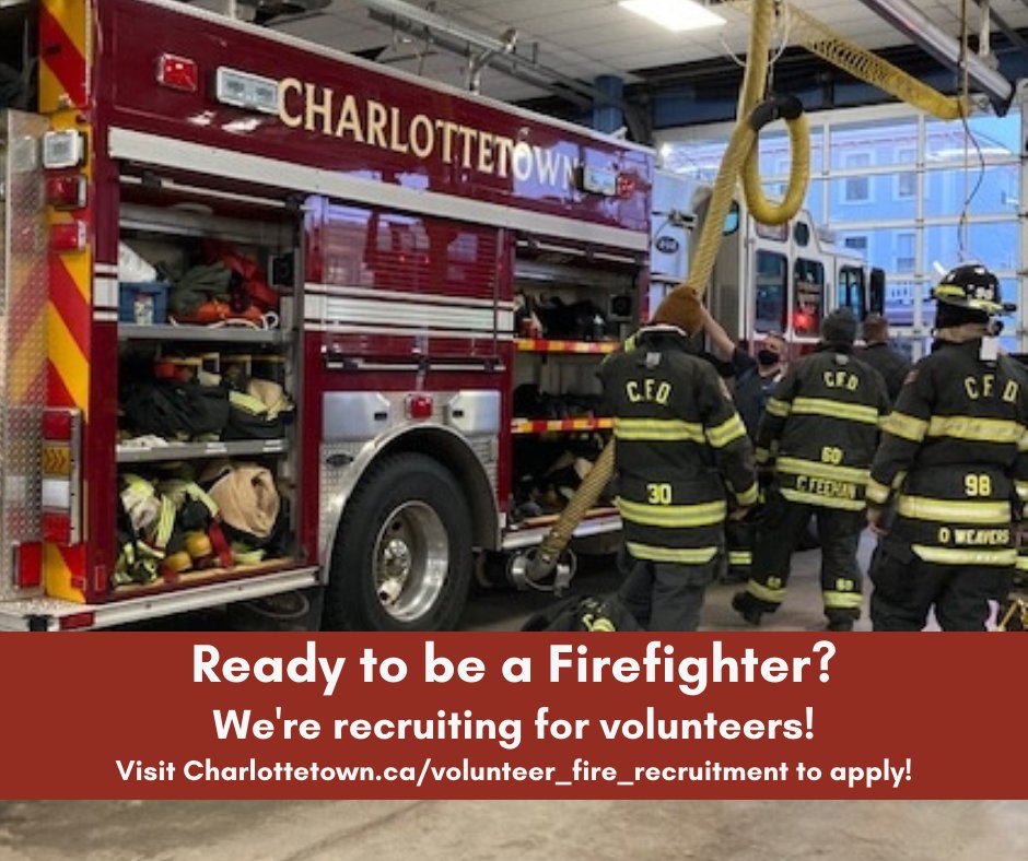 Ready to become a volunteer firefighter? The Charlottetown Fire Department wants you to join the team!

Pick up an application package before September 8 and volunteer today.

Visit charlottetown.ca/volunteer_fire… to find out more.